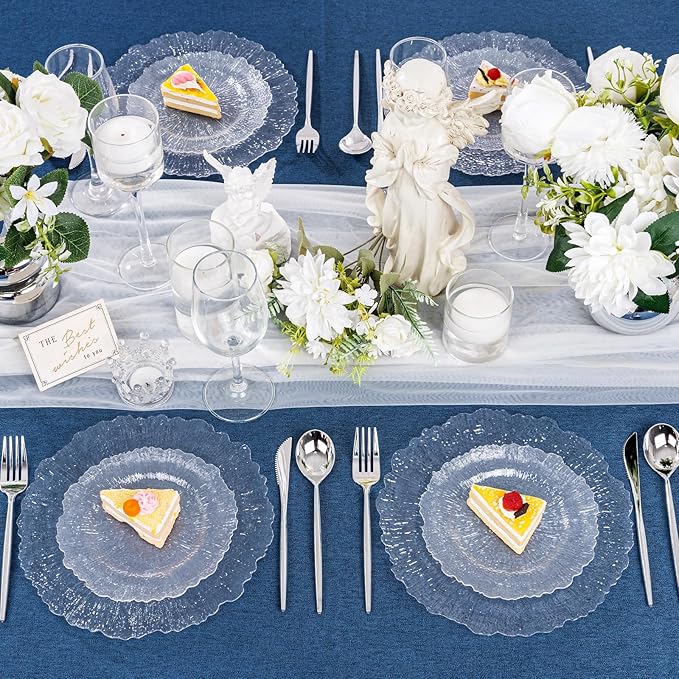 U-QE 60 Pieces Clear Plastic Plates for Party - Disposable & Reusable - Reef Disposable Plates - Premium Hard Plastic Plates for Wedding - Including 30 Dinner Plates 10 '' & 30 Dessert Plates 7 ''