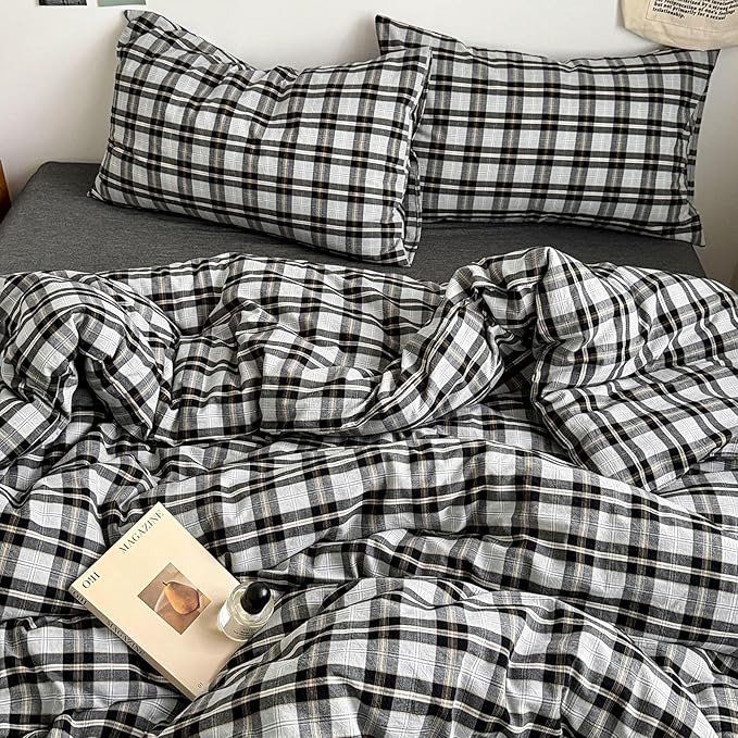 VM VOUGEMARKET Buffalo Gingham Duvet Cover Set Queen,3 Pieces Washed Cotton Bedding Set,Breathable Luxury Plaid Comforter Cover with Zipper Closure for Boys Men(Black&Grey)