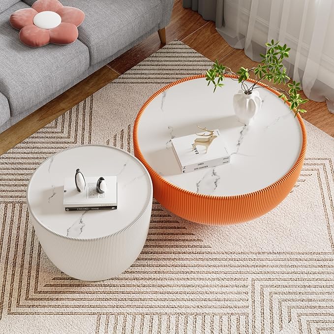 Round Coffee Table Set of 2, 2 Piece Luxury Cup Shape Leather End Tables Living Room Sets, Modern Circle Bedroom Side Sofa Tables Set of 2 with PU Leather for Living Room Bedroom