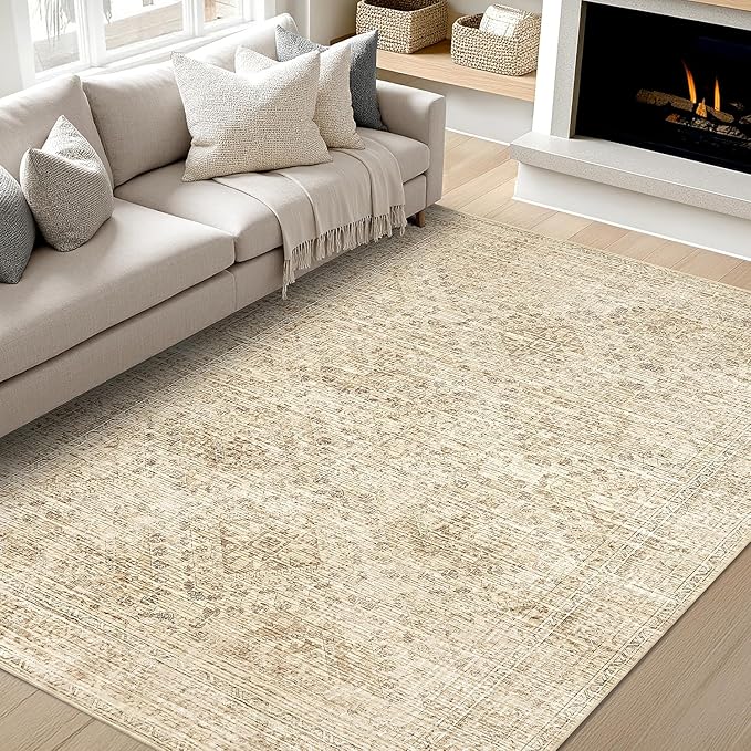 MIULEE 6x9 Vintage Living Room Rug Washable Area Rugs Low Pile Floor Mat for Bedroom Dining Room Non-Slip Stain Resistant Soft Indoor Carpet for Home Decor, Neutral Beige