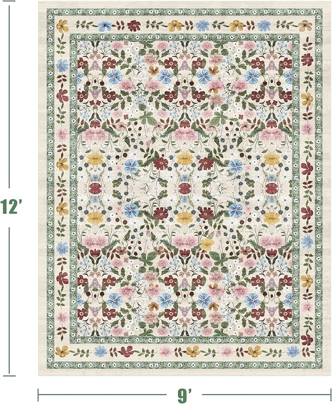 Deerly Large Floral Washable Area Rugs 9x12 for Living Room Vintage Boho Non-Slip Bedroom Carpet Soft Low Pile Thin Floor Mat Indoor for Dining Room Playroom Nursery Farmhouse, Beige/Green/Multi