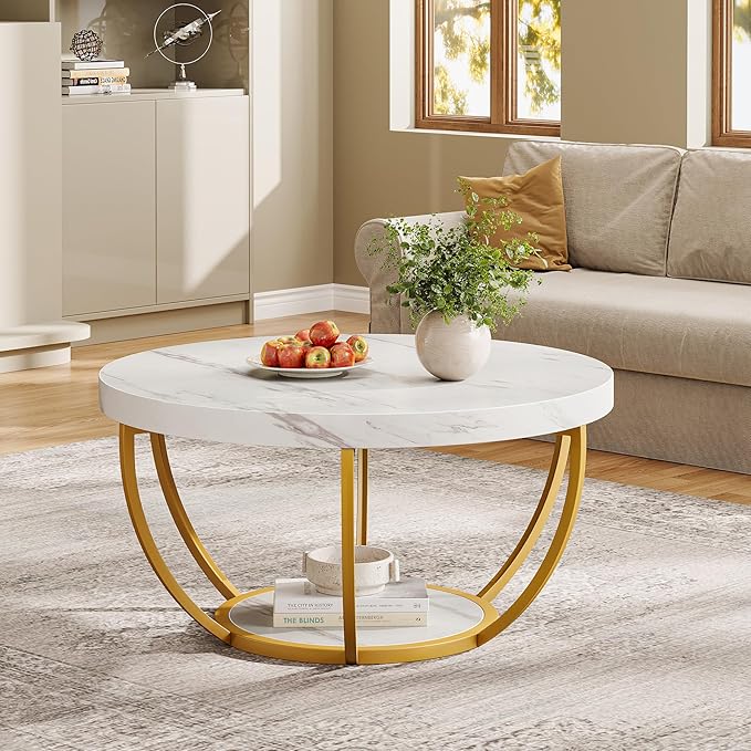 Tribesigns Modern Round Coffee Table, 2 Tier Coffee Table with Faux White Marble and Golden Metal Legs, Circle Center Table Tea Table Accent Furniture for Living Room, White and Gold