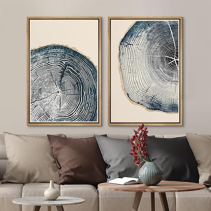 MUDECOR Framed Canvas Print Wall Art Navy Blue Wood Tree Ring Nature Illustration Modern Art Decorative Multicolor Geometric Minimal for Bedroom - 24"x36"x2 Natural