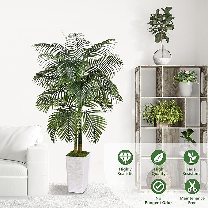 Artificial Palm Tree Indoor Plant Tall Fake Tropical Palm Tree in Pot with Real Bark Design Faux Areca Palm Tree for Home Office Living Room Bedroom Farmhouse Modern Outdoor Decor (13 Leaves 5 FT)