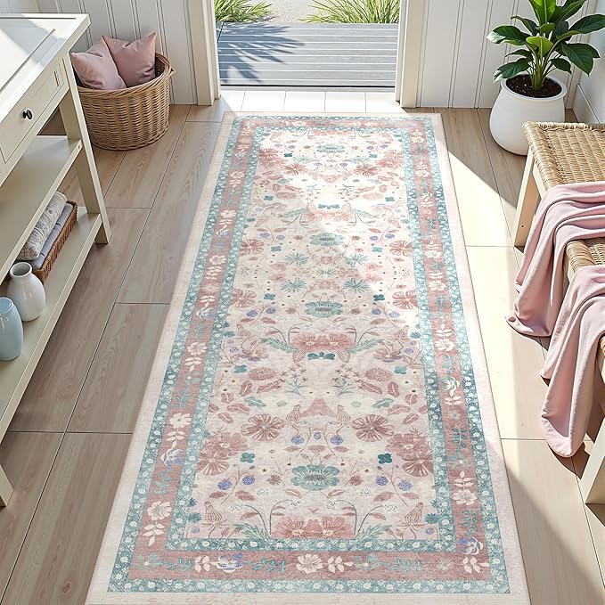 Pink Floral Runner Rug 2x6 for Kitchen Hallway Bedroom Deerly Vintage Boho Washable Bathroom Runner Rugs Non-Slip Soft Low Pile Thin Indoor Carpet for Laundry Room Farmhouse Rug, Light Pink/Blue/Multi