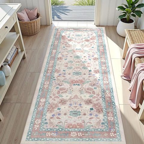 Pink Floral Runner Rug 2x6 for Kitchen Hallway Bedroom Deerly Vintage Boho Washable Bathroom Runner Rugs Non-Slip Soft Low Pile Thin Indoor Carpet for Laundry Room Farmhouse Rug, Light Pink/Blue/Multi