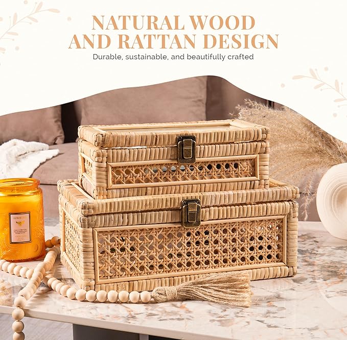 Rattan Display Boxes with Glass Lids - Rectangular Decorative Storage Box for Shelf - Set of 2 Woven Wicker Boho Cane Decor Organizers - 2 Removable Rattan Storage Trays