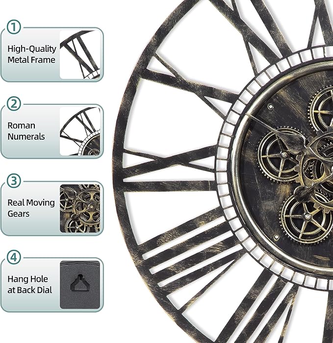 Moving Gear Large Wall Clock 20inch/50cm Bronze, Decorative Wall Clocks for Living Room, Unique Farmhouse Steampunk Metal Wall Clock Decor, Office Wall Clocks