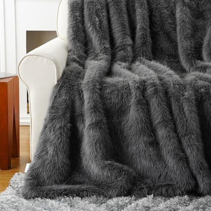 BATTILO HOME Luxury Fluffy Grey Faux Fur Throw Blanket, Cozy Warm Fur Blanket for Couch, Sofa, Chair, Bed, Plush Fuzzy Fur Throws with Long Pile, 60"x80"