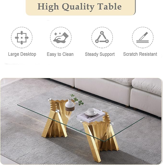 Glass 3 Piece Living Room Table Sets,3-Piece Table Set Includes 1 Glass Coffee Table and 2 End Tables with Stainless Steel Frame,Modern Coffee Table Set of 3 for Living Room (Gold)