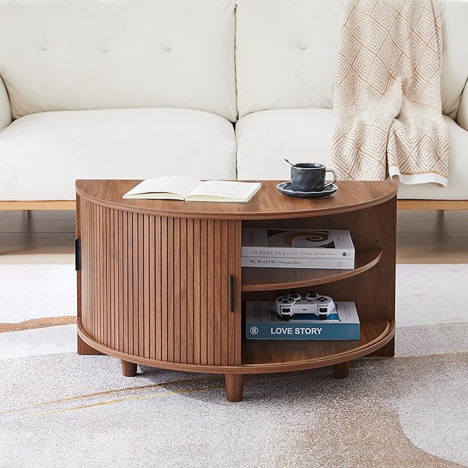 Round Coffee Table, Fluted Coffee Tables with Sliding Doors, Modern Circle Accent Center Table with Storage for Living Room, Apartment, Home Office (Walnut)