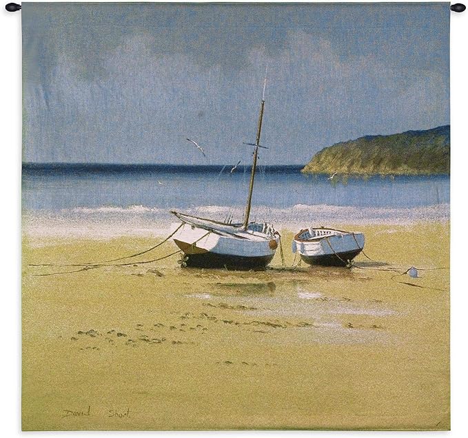Moorings Low Tide | Woven Tapestry Wall Art Hanging | Vintage Beached Boats on Serene Coast | 100% Cotton USA Size 35x35