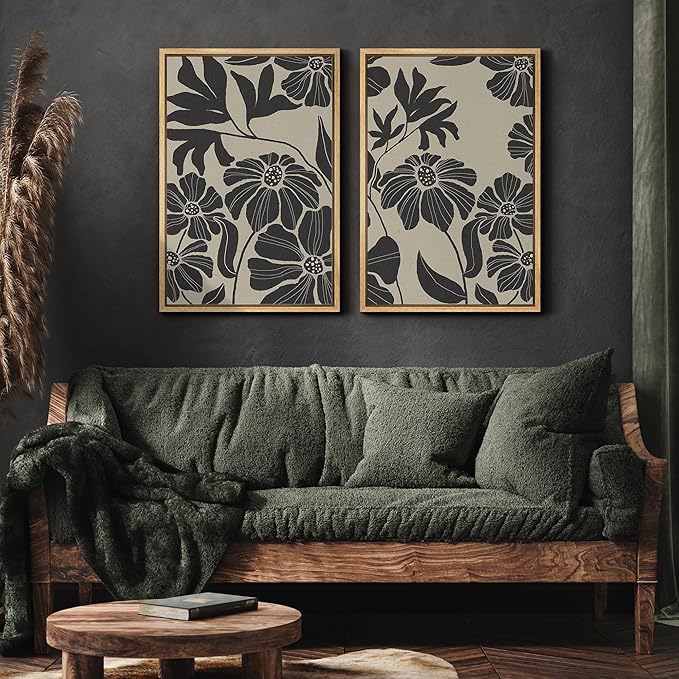 MUDECOR Framed Canvas Print Wall Art Monochrome Floral Botanical Black and White Illustrations Modern Art Decorative Bohemian Colorful Chic for Living Room, Bedroom, Office - 24"x36"x2 Natural