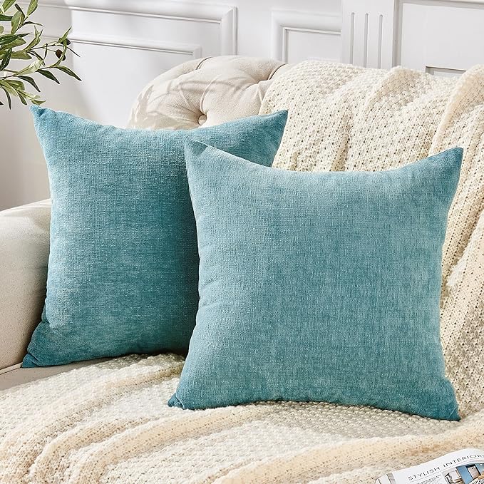 GAWAMAY Decorative Throw Pillow Covers 16x16 Inch Set of 2, Super Soft Chenille Square Pillows Farmhouse Fall Pillowcase for Living Room Bedroom Sofa Couch Cushion Cover Smoke Blue 40x40cm