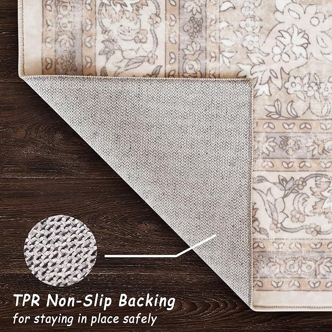 vivorug Beige 5x7 Area Rugs - Ultra-Thin Washable Rug with Non-Slip Backing, Ideal for Living Room, Bedroom, Kitchen Floor Carpet - Vintage Floral, Easy Clean, Durable, Low Pile
