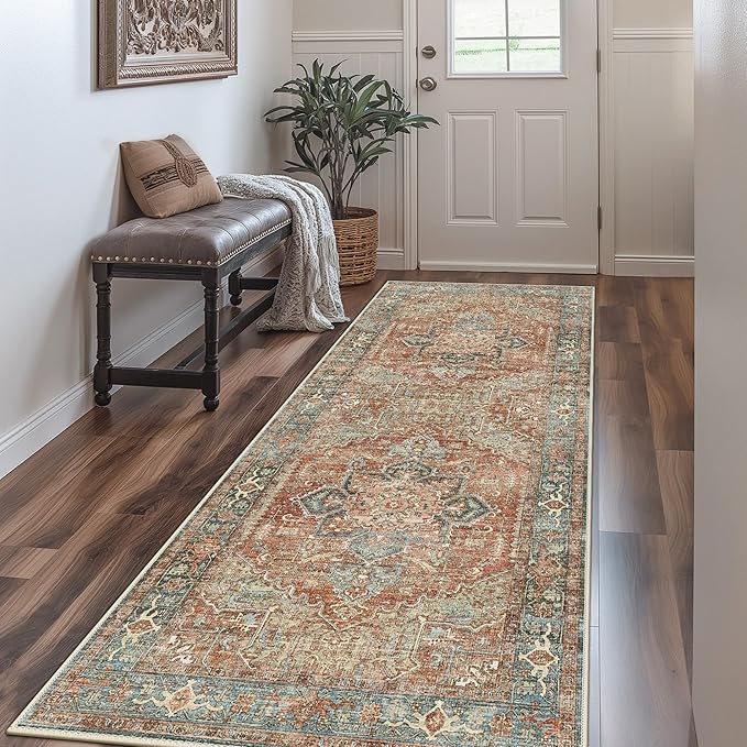 GENIMO Washable Area Rugs for Living Room Bedroom, 10x14 Boho Vintage Non Slip Rug, Low Pile Soft Floral Indoor Floor Carpet Cover for Dining Room Kitchen, Red/Multi