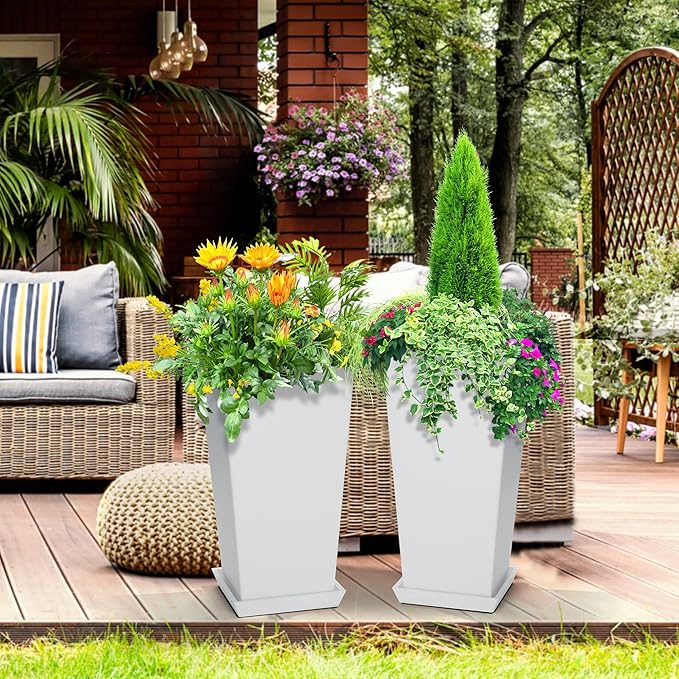 Elevens Set of 2 Tall Outdoor Planters 20 Inch, Large Planters for Indoor Outdoor Plants, Tapered Square Flower Pots with Tray for Patio, White