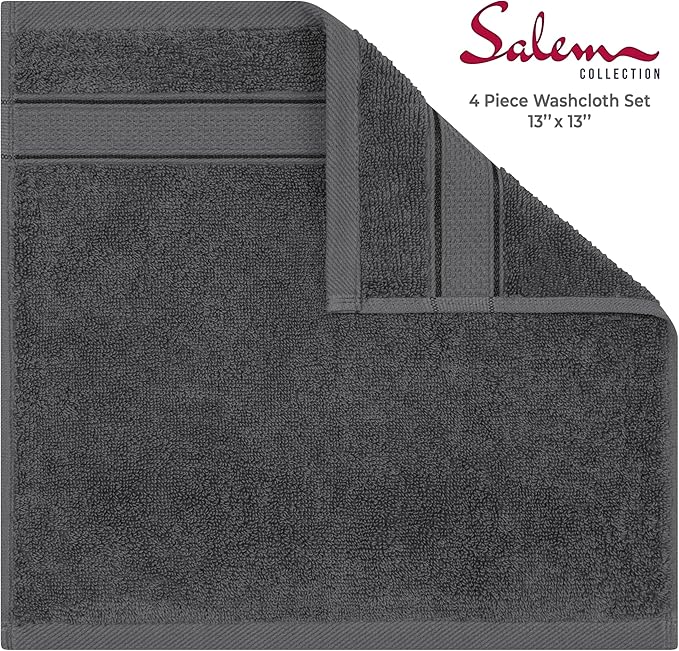 American Soft Linen Salem Washcloth Sets, 4 Piece Luxury 600 GSM 100% Cotton Washcloths for Bathroom, 13x13 inches Washrags Premium Quality Hand Face Towels, Dark Gray