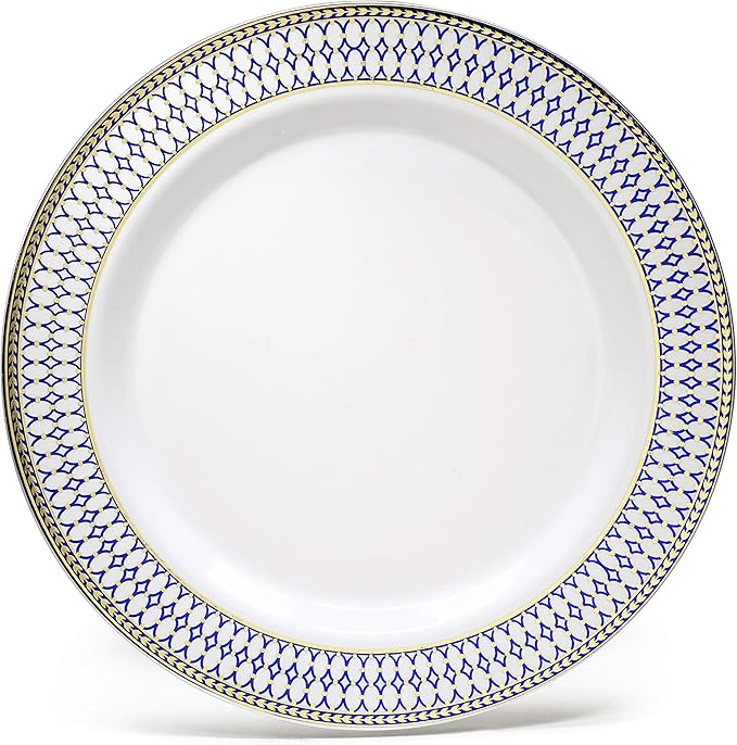 " OCCASIONS " 240 Plates Pack,(120 Guests) Heavyweight Premium Disposable Plastic Plates Set -120 x 10.5'' Dinner + 120 x 7.5'' Salad/Dessert (Odyssey in White/Blue and Gold Rim)