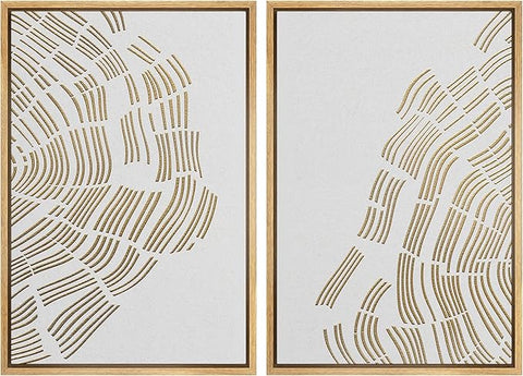 MUDECOR Framed Canvas Print Wall Art Set Gold White Forest Tree Wood Rings Abstract Nature Illustrations Modern Art Decorative Contemporary Chic for Living Room, Bedroom, Office - 16"x24"x2 Natural