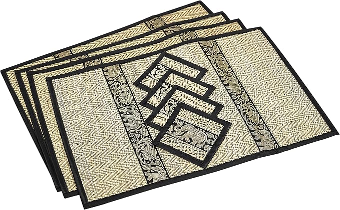 Hand-Woven Wicker Reed Placemats Coaster Set Eco-Friendly Alternative to Plastic Heat Resistant Thai Style Durable Easy to Clean for Dining Table Set of 4 (Large, Black)