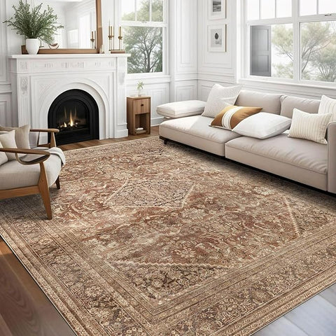 vivorug 8x10 Area Rugs for Living Room, Non-Slip Backing Washable Rug 8x10, Large Area Rug Soft Carpet for Bedroom Dining Room, Vintage, Easy Clean, Durable, Low Pile Rug Under Table, Earth Tone