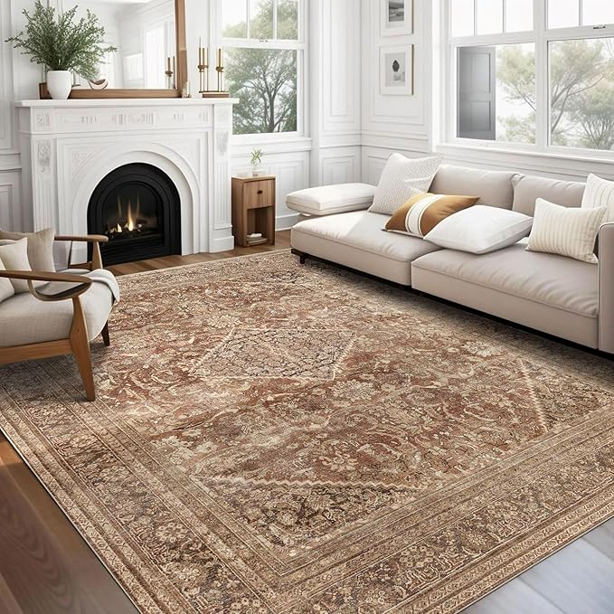 vivorug 5x7 Area Rugs - Ultra-Thin Washable Rug with Non-Slip Backing, Ideal for Living Room, Bedroom, Kitchen Floor Carpet - Vintage, Easy Clean, Durable, Earth Tone