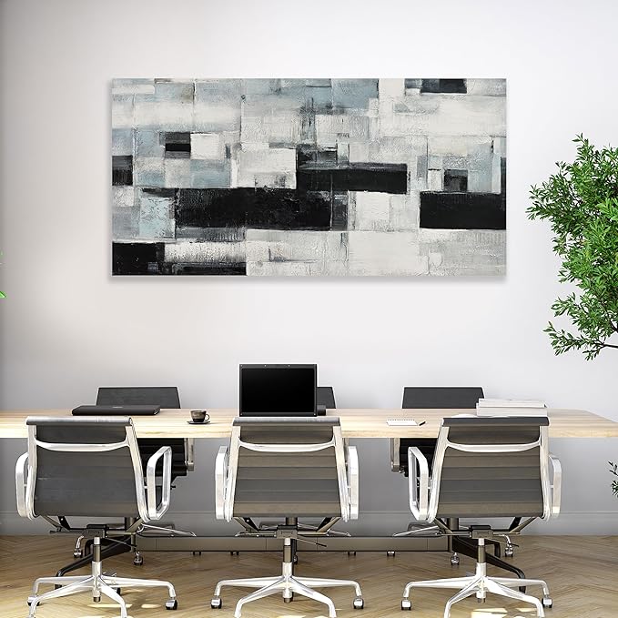 Glvzygy Abstract Wall Art Room Decor Black White and Gray Plaid Minimalism Picture Abstract Art Wall Decor Modern Abstract Wall Art Canvas for Living Room Bedroom Office 29"x58"