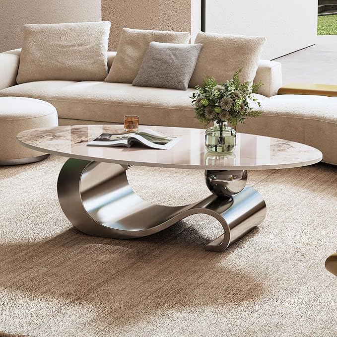 49.2" Oval Marble Coffee Table with Geometric Stainless Steel Base, Modern Sintered Stone Coffee Tables for Living Room, Luxury White Silver Cocktail Center Table Living Room Furniture for Home Decor