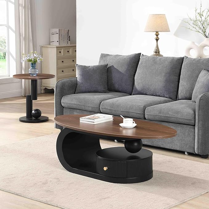 Marble Nesting Coffee Table Set of 2,Modern Oval Center Tea Table and Round Side Nightstand Set w/Drawer and Wood Tabletop and Metal Frame for Living Room Accent Furniture