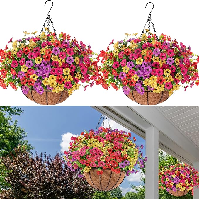 Orgrimmar 2 Pack Artificial Hanging Flowers Basket Outdoor Fake Hanging Plants UV Resistant Realistic Silk Flowers Eucalyptus in Coconut Lining Baskets for Home Porch Balcony Patio Yard Muti-Color