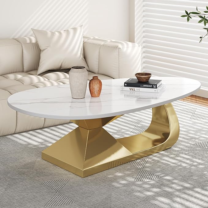 Modern Oval Sintered Stone Coffee Table, 51.2" White and Gold Rectangle Coffee Table with Faux Marble Top & Golden Geometric Stainless Steel Base, Rectangle Tea Center Table for Living Room