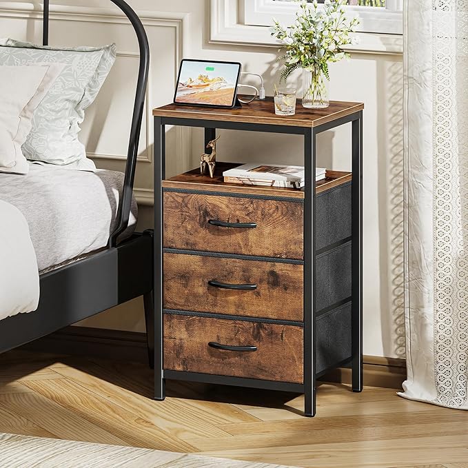 Huuger Nightstands Set of 2, 27.6 Inch End Tables with Charging Station, Fabric Drawers, Bedside Tables with USB Port and Outlet, Night Stands for Bedroom, Rustic Brown