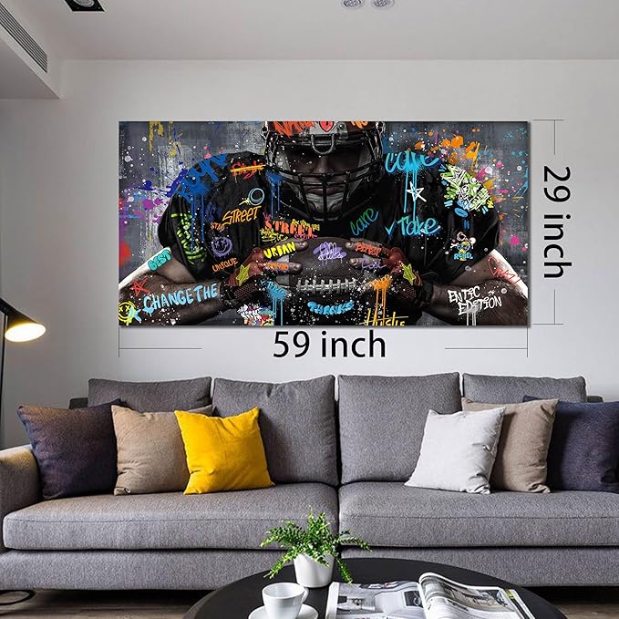 JKWALL77 Graffiti Wall-Art for Living Room Large Size - Wall Decor for Men - Rugby Ball Sports Posters Ready to Hang Size 59" x 29"