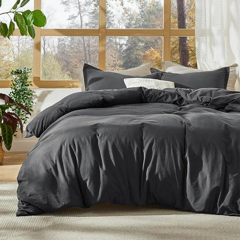 Bedsure 100% Stone Washed Cotton Duvet Cover King - Charcoal Minimalist Cotton Duvet Cover Linen Like for All Seasons - GentleSoft™ Plain Simple Bedding, 3 Pieces (Charcoal, King, 104"x90")