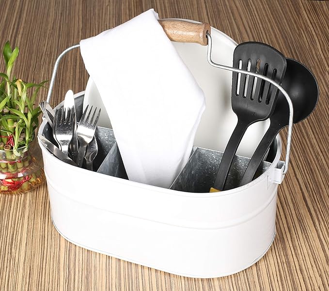 Alpha Living Home Rustic Galvanized Heavy Duty Metal Utensil Caddy – 4-Compartment Organizer with Removable Handle, White Farmhouse Chic Design for Kitchen, Picnics & Parties (White)
