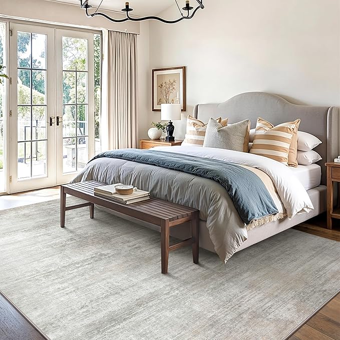 GENIMO Washable Area Rugs for Living Room Bedroom, 8X10 Modern Abstract Non Slip Rug, Low Pile Soft Contemporary Indoor Floor Carpet Cover for Dinning Room Kitchen, White/Grey