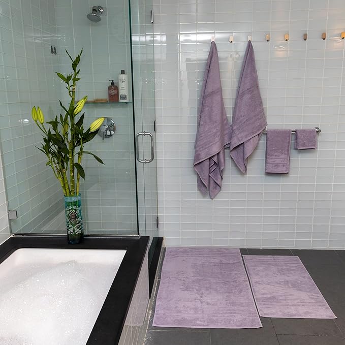 Mosobam Luxury Turkish 14pc XL Deluxe Bath Bundle Body Hand Face Towel and Mat Lavender Aura 700 GSM & 1000 GSM Bamboo Viscose & Aegean Turkish Combed Cotton