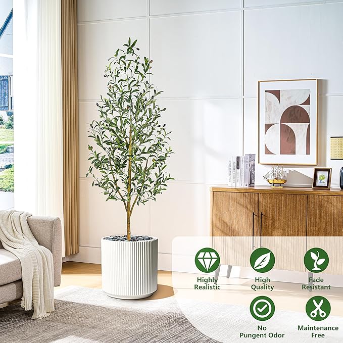 Artificial Olive Tree Artificial Plants, Tall Faux Olive Silk Plant with White Planter Home Office Decor Indoor Fake Potted Tree with Lifelike Fruits Housewarming Gift (1, White, 6FT)