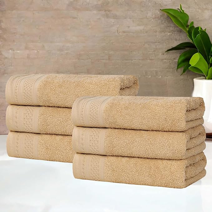 Superior Honeycomb Cotton Medium Weight Towels, for Guest Bath, Master Bathroom, Shower, Kitchen, Quick Dry, Adults, Home Essentials, Textured Waffle Border, Towel Set, Hand Towels, Set of 6, Gold