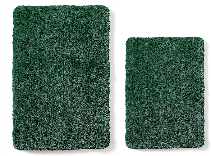YHF Bathroom Rug Set 2 Piece, Extra Thick & Soft Microfiber Shaggy, Machine Washable Bath Mats, Absorbent Bath Rugs, Non-Slip Rubber Backing Bath Mat for Bathroom Floor, Tub and Shower, Hunter Green