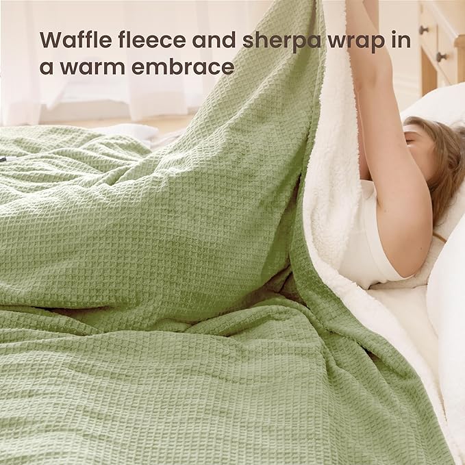 Heated Blanket Electric Blanket Queen Waffle, 84x90 Inches Dual Controllers Sherpa Fleece Fast Heating Blanket 6 Heating Levels & 10 Hours Auto Off ETL Certification, Sage Queen