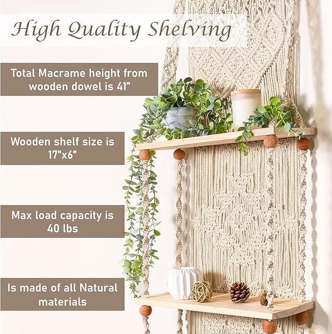 Macrame Wall Hanging Shelf (Tier 2, Natural White)