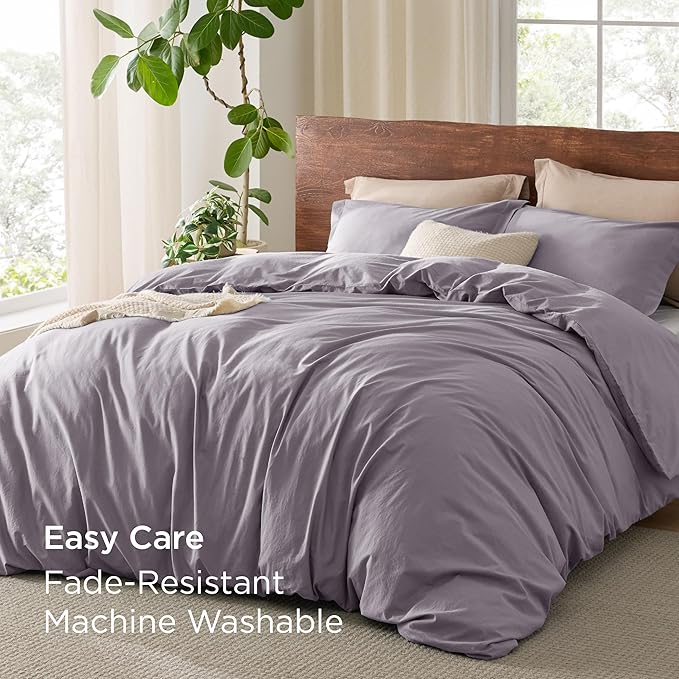 Bedsure 100% Washed Cotton Duvet Cover King Size - Lavender Minimalist Cotton Duvet Cover Linen Like for All Seasons - GentleSoft™ Plain Simple Bedding, 3 Pieces (Lavender, King, 104"x90")