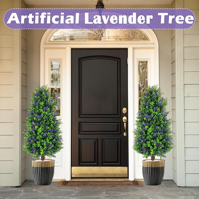 Sunnyglade 2 Packs 27.5" Artificial Lavender Tree, Fake Lavender Shrub Bushes Trees with Spike Faux Topiary Plants Tree for Indoor, Garden, Yard, Porch, Patio Decor