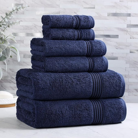 Superior Egyptian Cotton 6-Piece Towel Set, Assorted Towels for Home Bathroom, Master, Guest Bath, Decor Essentials, Includes 2 Bath, 2 Hand, 2 Face Towels/Washcloths, Quick Dry, Absorbent, Navy Blue