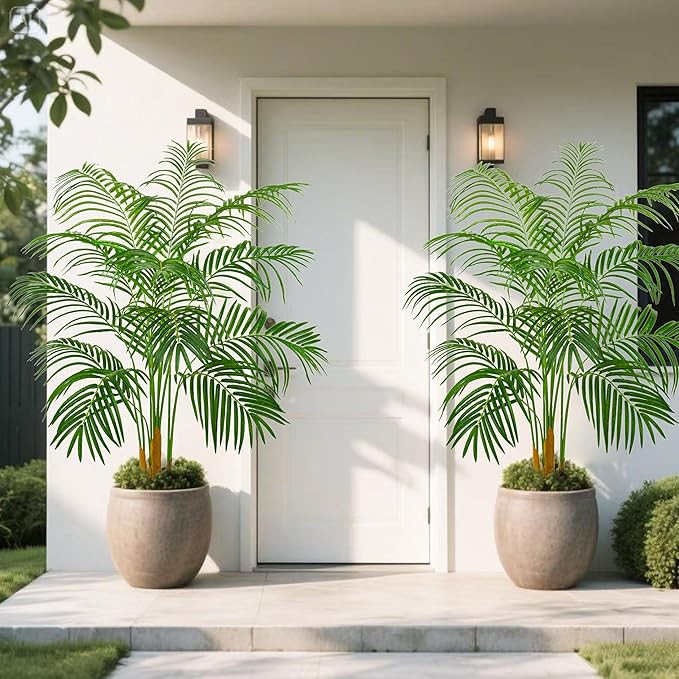 Artificial Palm Tree 5FT Artificia Plants Indoor Fake Trees Tropical Fake Plam Tree Floor Plant in White Pot with 13 Trunks & Real Bark Design Faux Palm Plant for Outdoor Home Room Decor