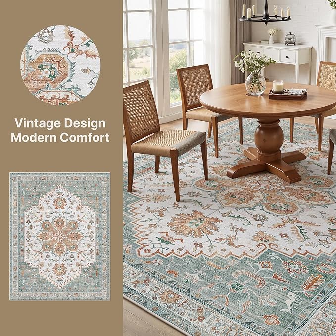 GENIMO 8X10 Area Rugs for Living Room, Machine Washable Vintage Floor Cover Foldable Modern Non Slip Rug, Low Pile Soft Indoor Carpet Floral Print Mat Rug,Bedroom/Dining Room/Home Office,Mint Green