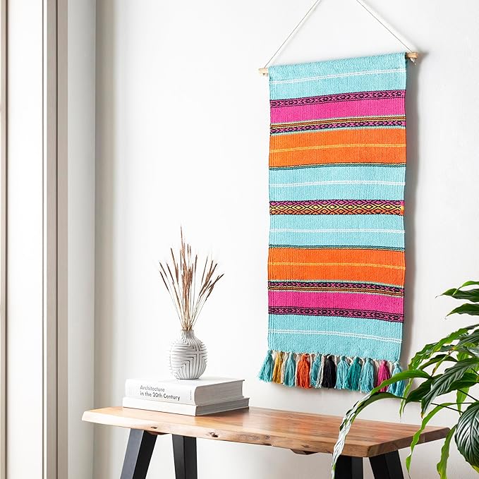 Mark&Day Wall Hanging, Westendorf Global Farmhouse Teal Tapestry Wall Hanging for Living Room, Bedroom, Office or Kitchen (36"H x 18"W)