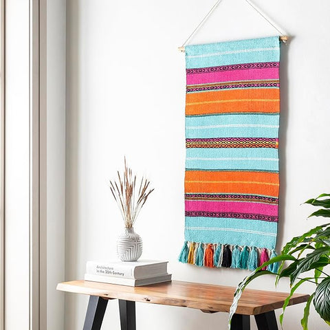 Mark&Day Wall Hanging, Westendorf Global Farmhouse Teal Tapestry Wall Hanging for Living Room, Bedroom, Office or Kitchen (36"H x 18"W)